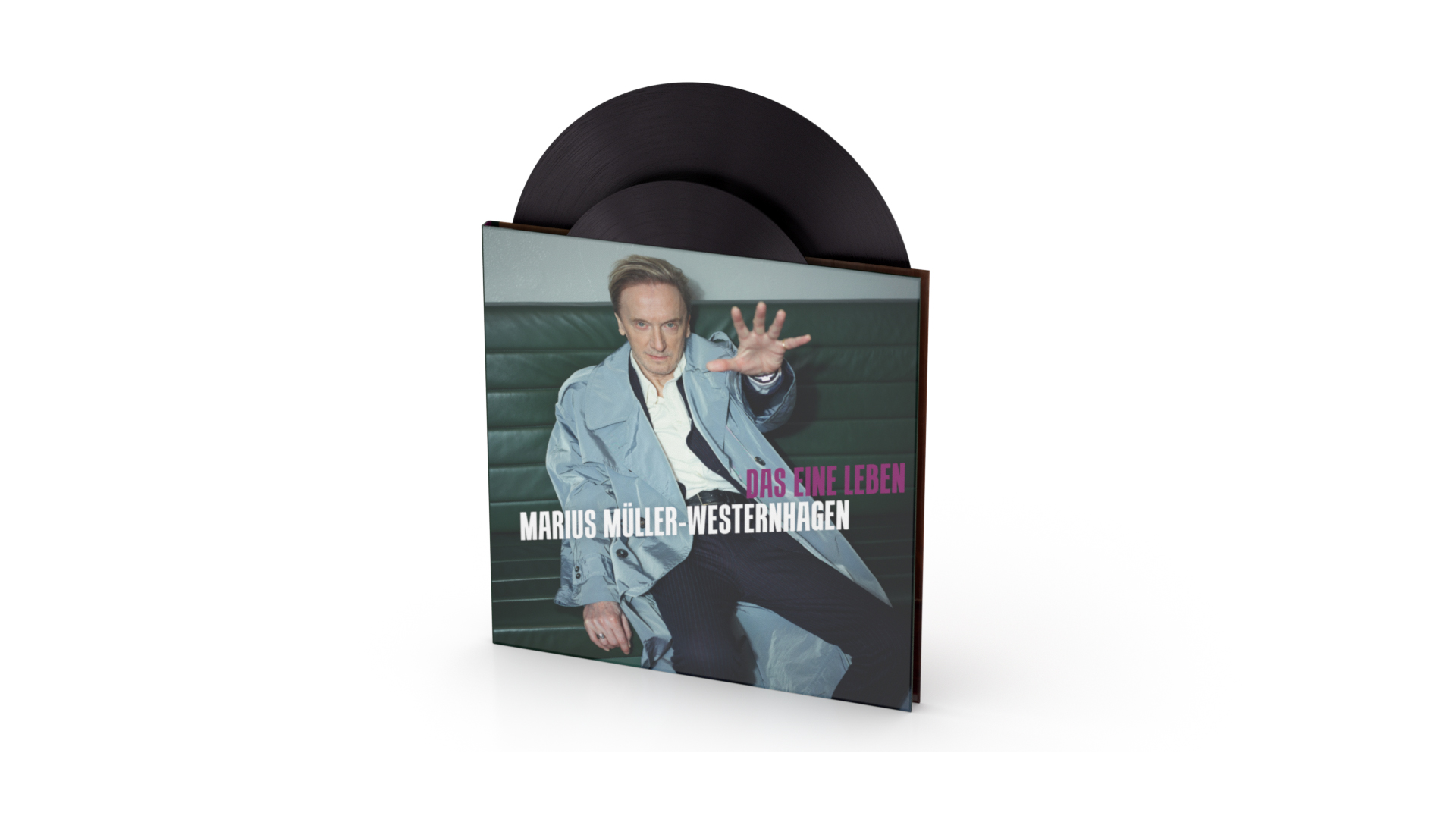 Vinyl-Albumcover mit einem Mann, der sich ausstreckt, mit Text.