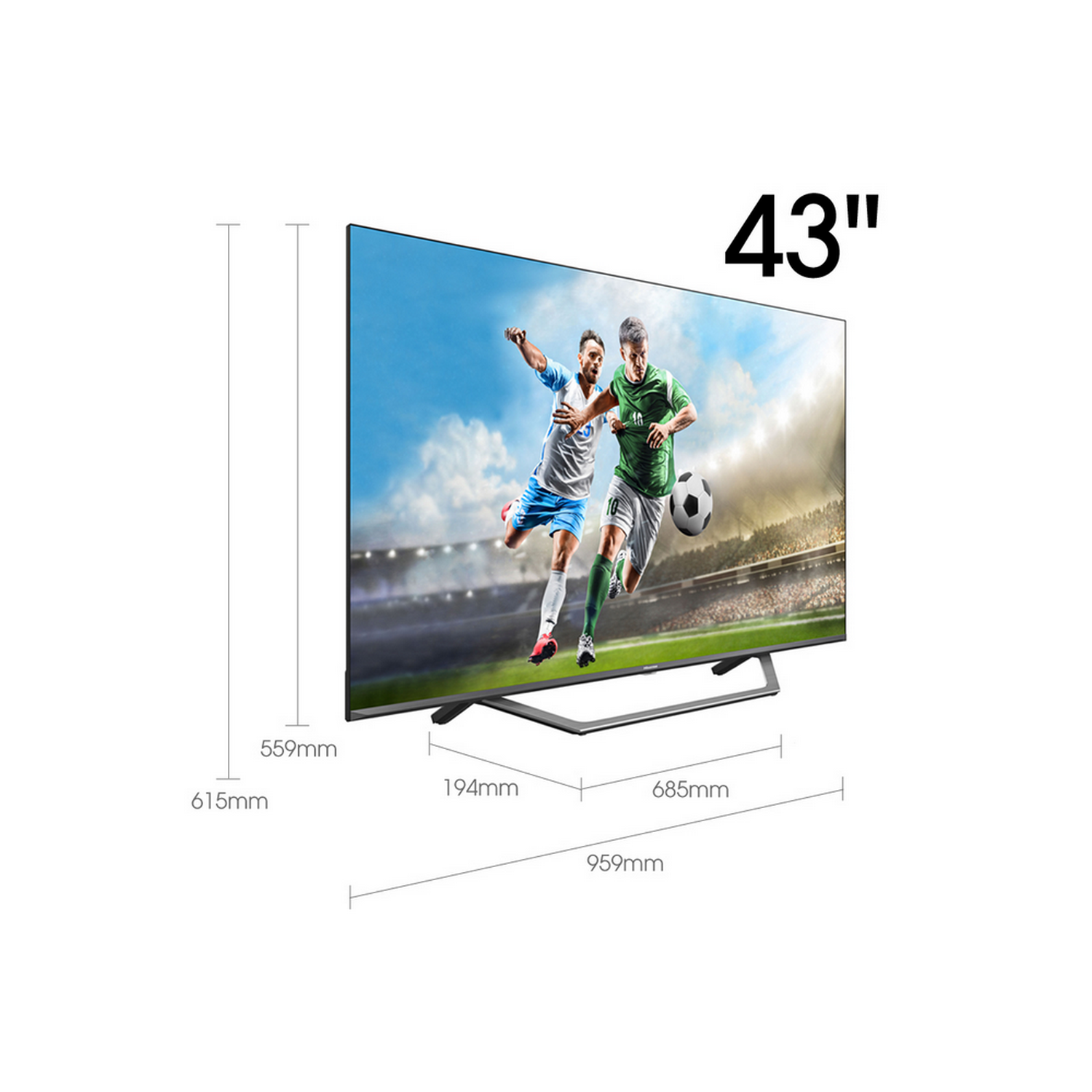 Se muestra un televisor de 43 pulgadas, con un partido de fútbol en la pantalla. Se muestran las dimensiones.