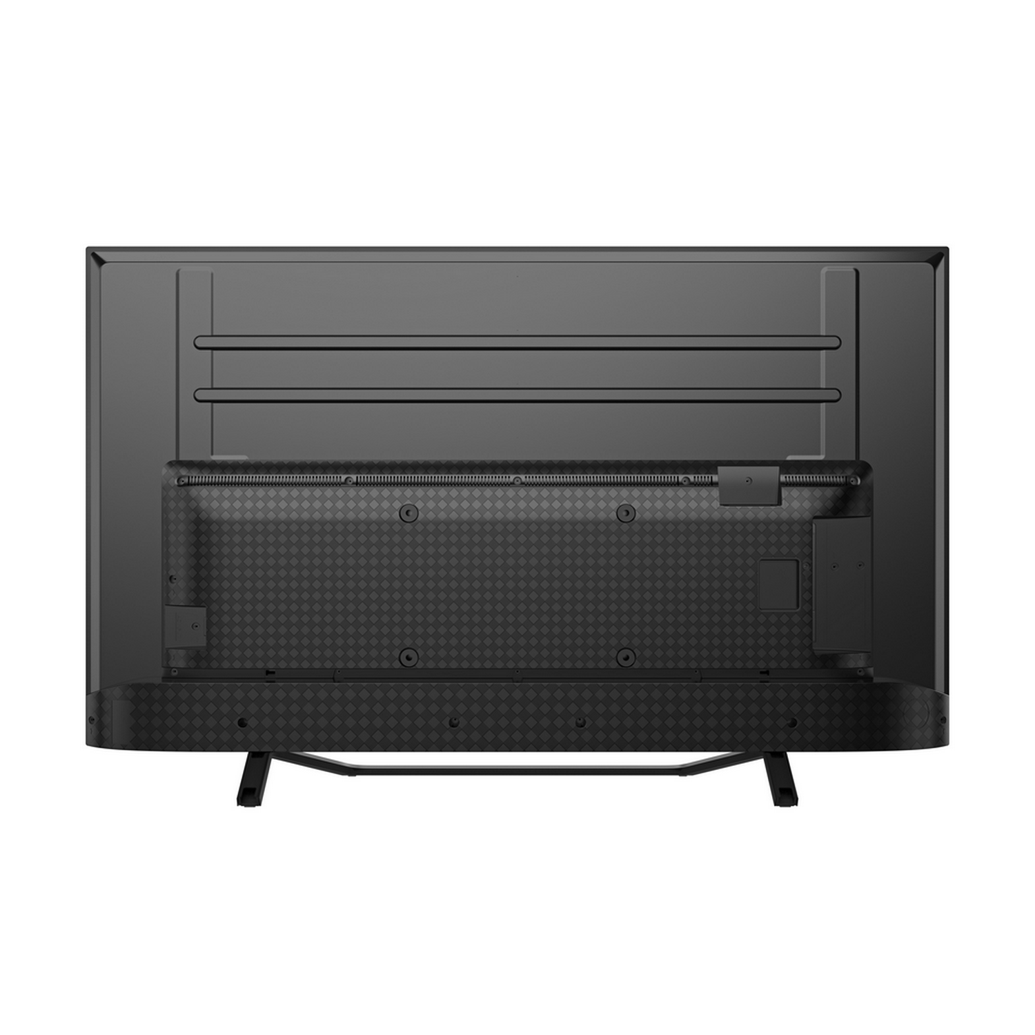 La parte trasera de un televisor negro con un soporte negro. Tiene un panel trasero texturizado y múltiples puertos.