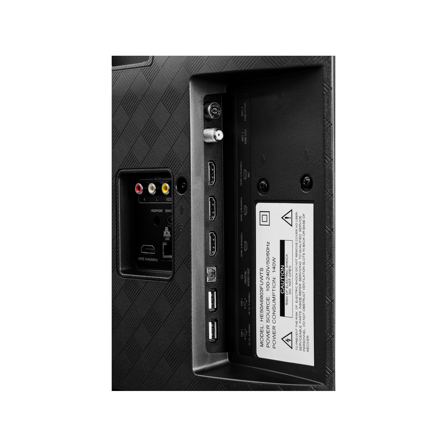 Parte trasera de un televisor negro. Puertos y etiquetas visibles.