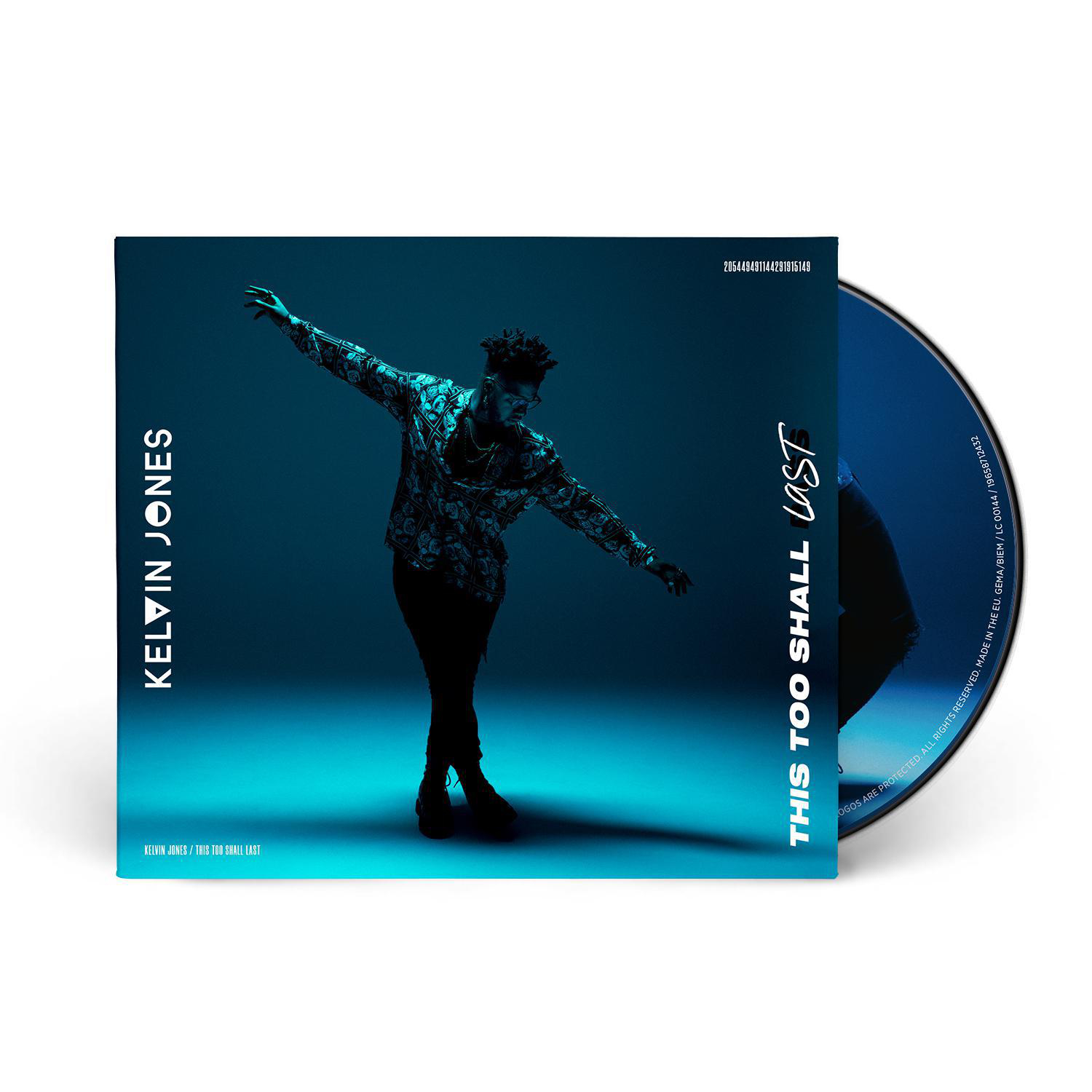 Albumcover mit Mann in floralem Hemd, Arme ausgestreckt, auf blauem Hintergrund, mit CD.