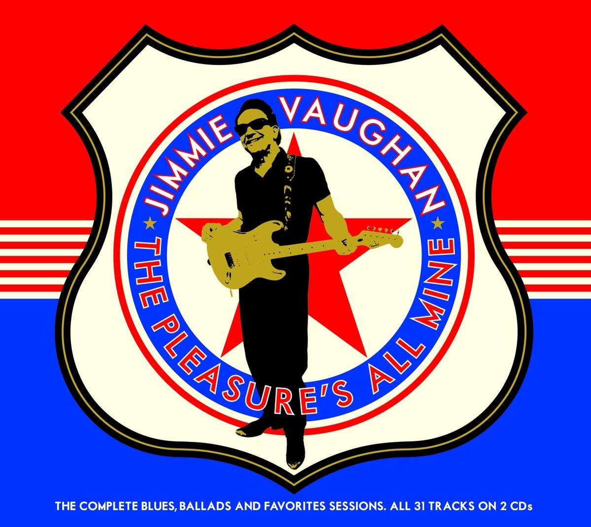 Jimmie Vaughan gitárral, piros-kék háttér, album borító.