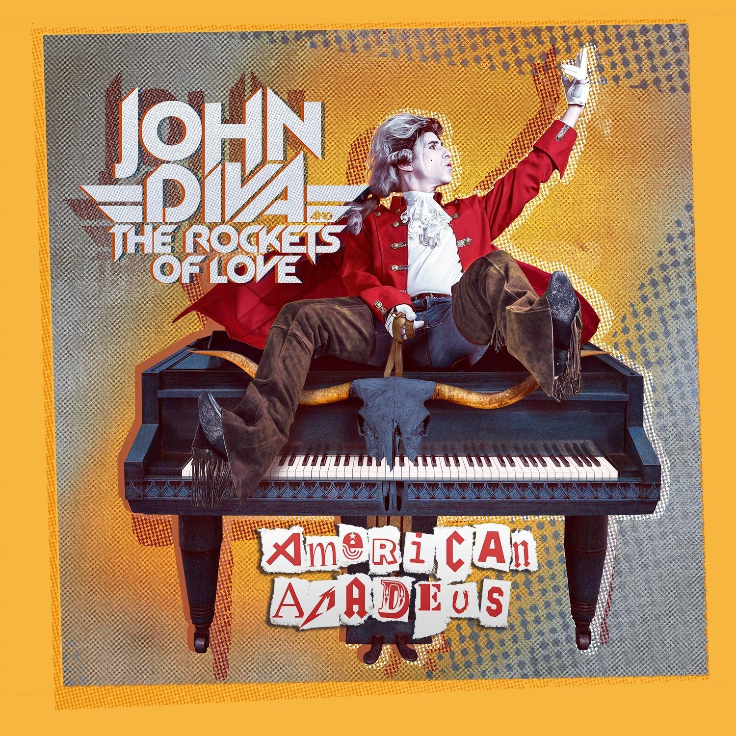 John Diva Albumcover. Mann im roten Mantel auf Klavier, mit Totenkopf und orangefarbenem Hintergrund.