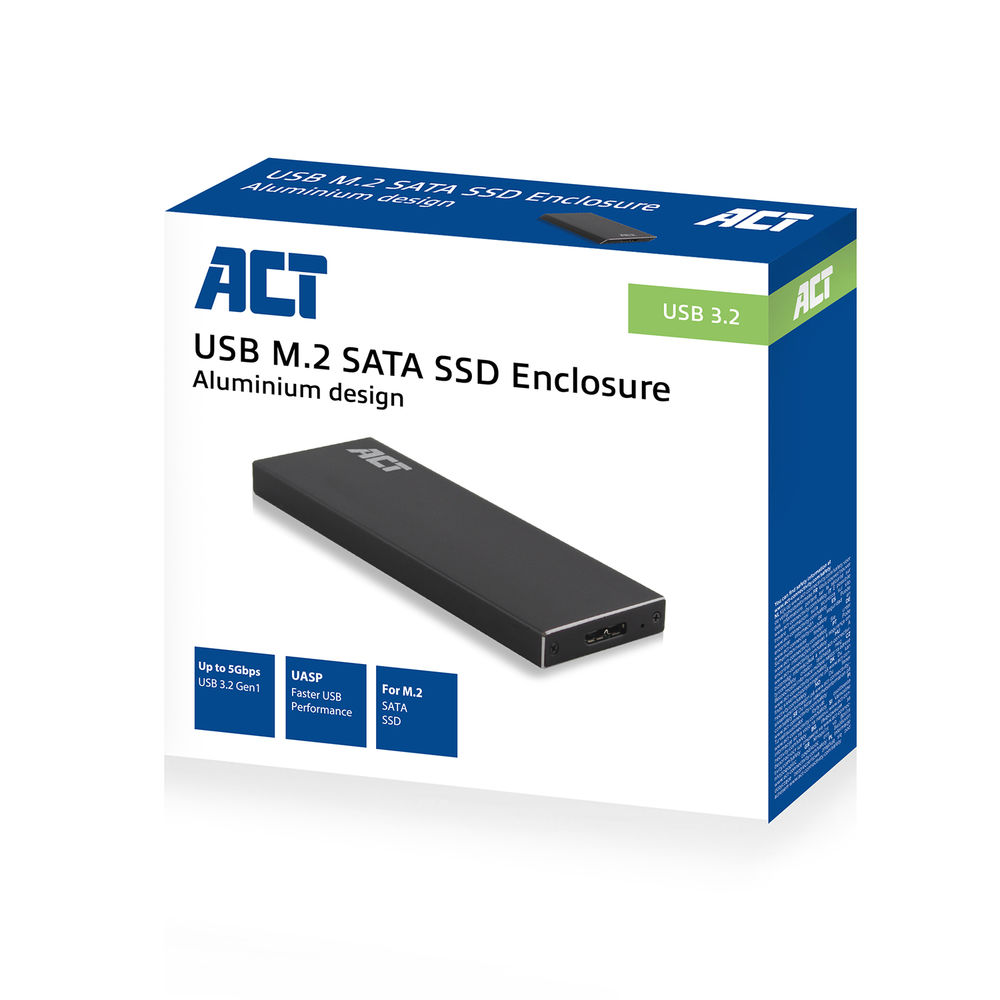 Doboz fekete SSD tokkal és szöveggel. Olvasható: USB M.2 SATA SSD tok. Fehér háttér.