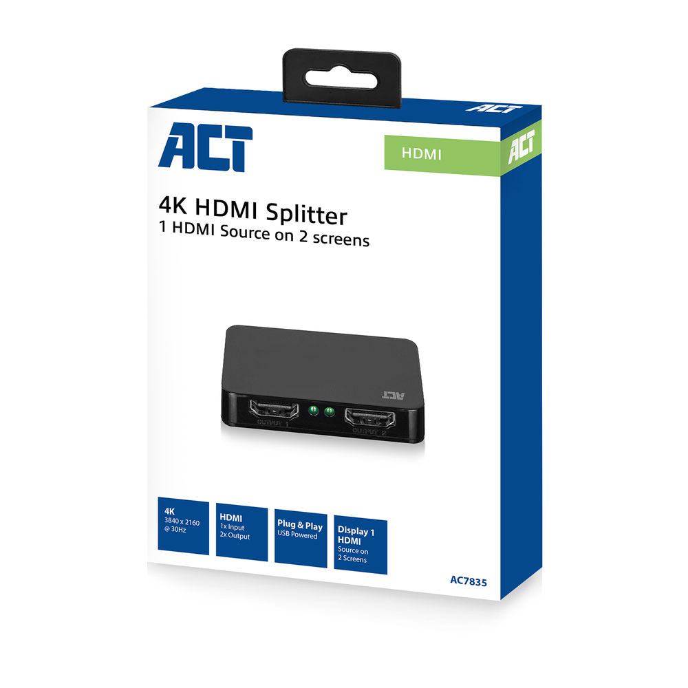Dobozos 4K HDMI elosztó, fekete eszköz látható, HDMI és ACT logóval.