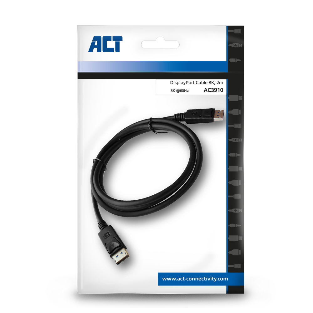DisplayPort kábel egy csomagban. A csomagban szöveg és egy fekete kábel található.