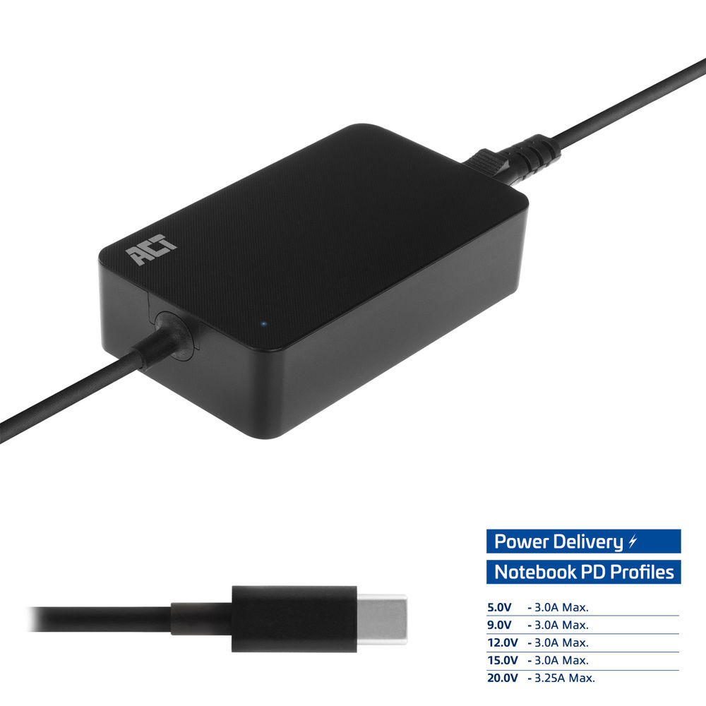 Fekete ACT notebook töltő USB-C kábellel és energia leadási profillal.