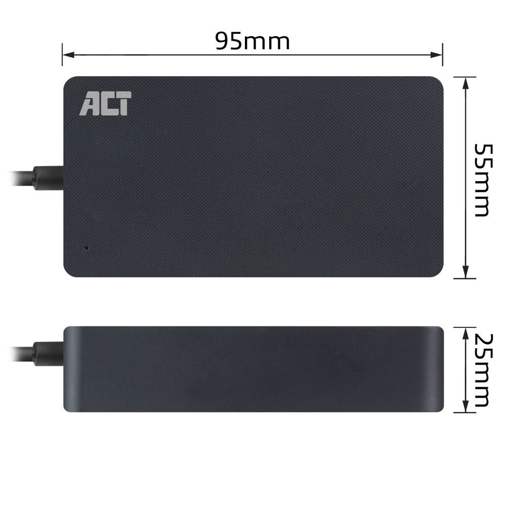 Fekete ACT hálózati adapter, felülnézet és oldalnézet, méretekkel.