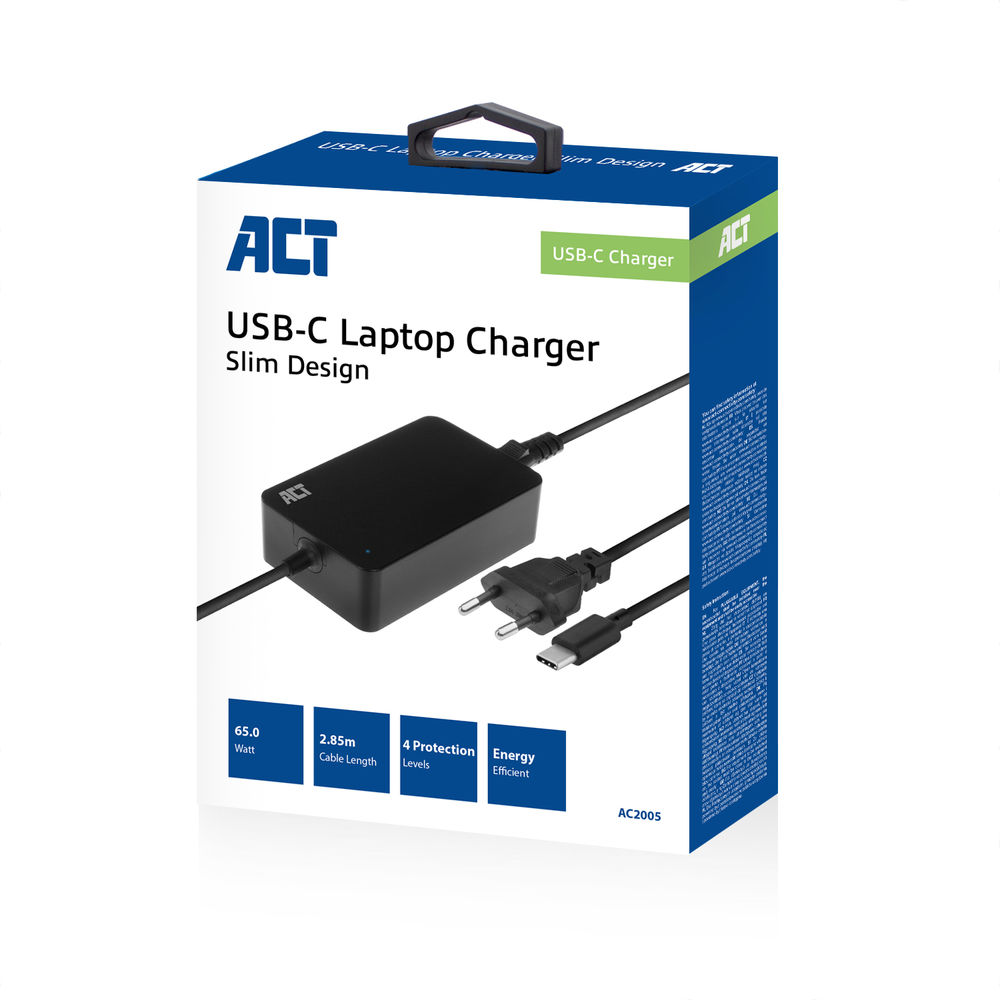 Egy USB-C laptop töltő egy dobozban. A töltő fekete, kábelekkel és dugóval.