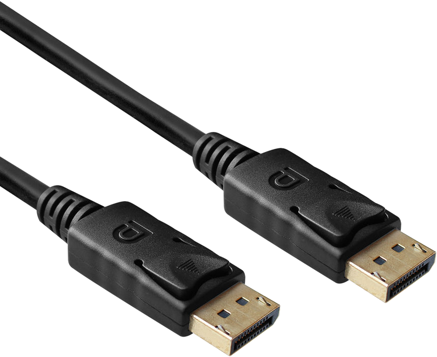 Fekete DisplayPort kábel arany csatlakozókkal. A végeken 'D' logó van.
