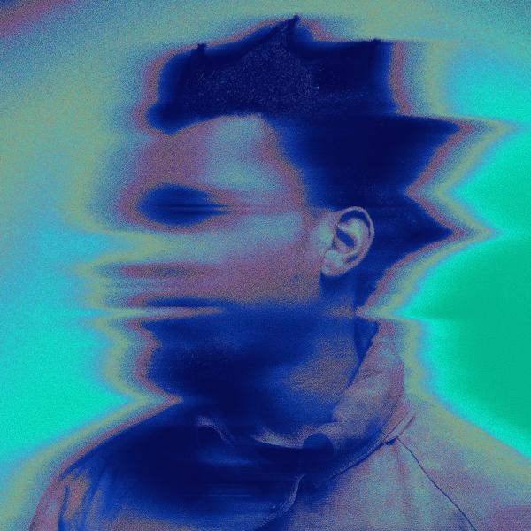 Portret met glitch-effect. Blauwe en groene tinten.