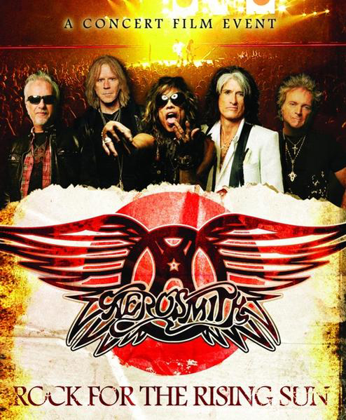 Albumcover für Aerosmith: Rock for the Rising Sun. Zeigt Bandmitglieder auf der Bühne.
