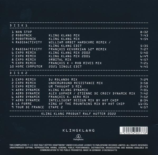 CD-számok listája fehér szöveggel sötétkék háttéren, a dalok címeivel, remixekkel és időtartamokkal.