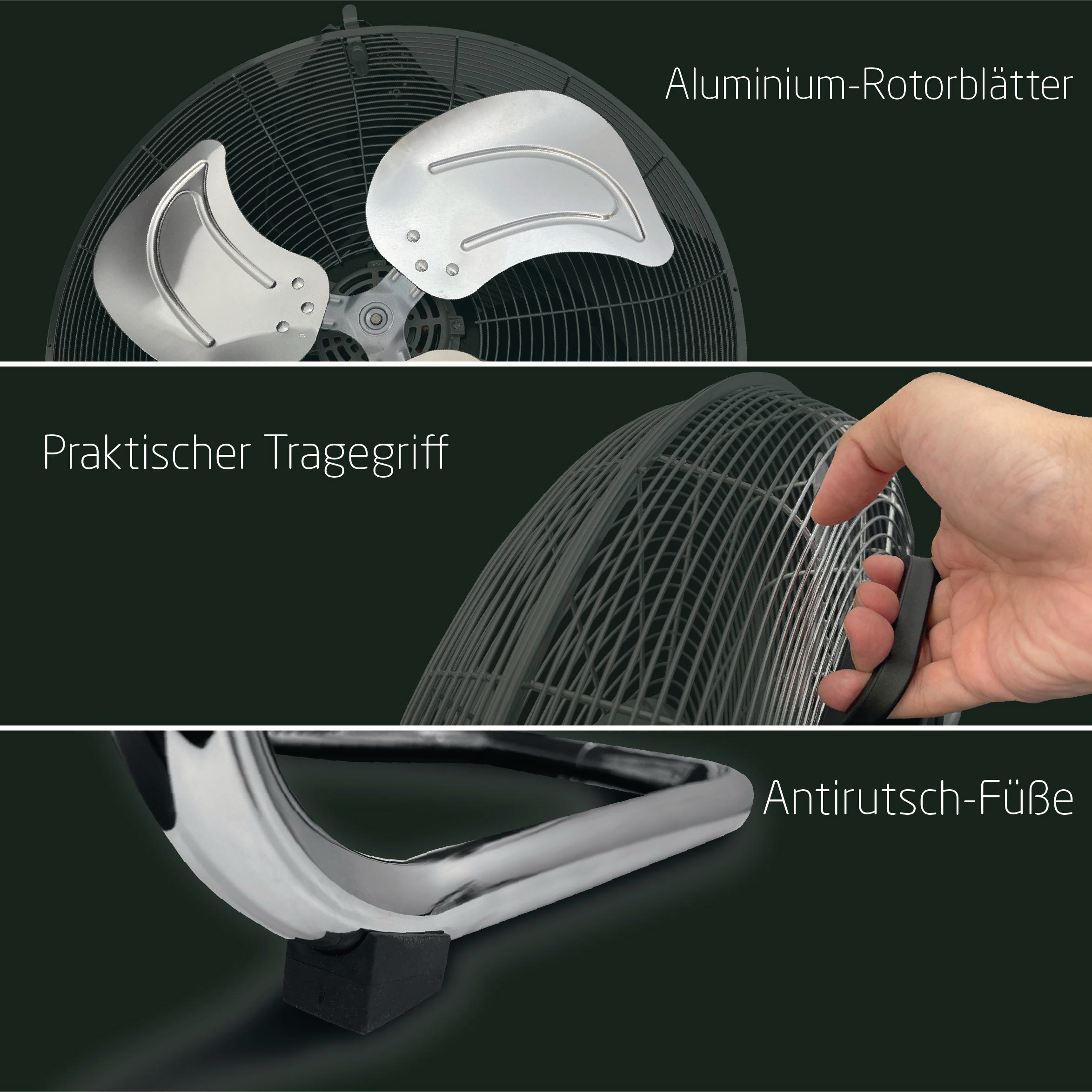 Ein Ventilator mit Aluminiumflügeln, einem Griff und rutschfesten Füßen.