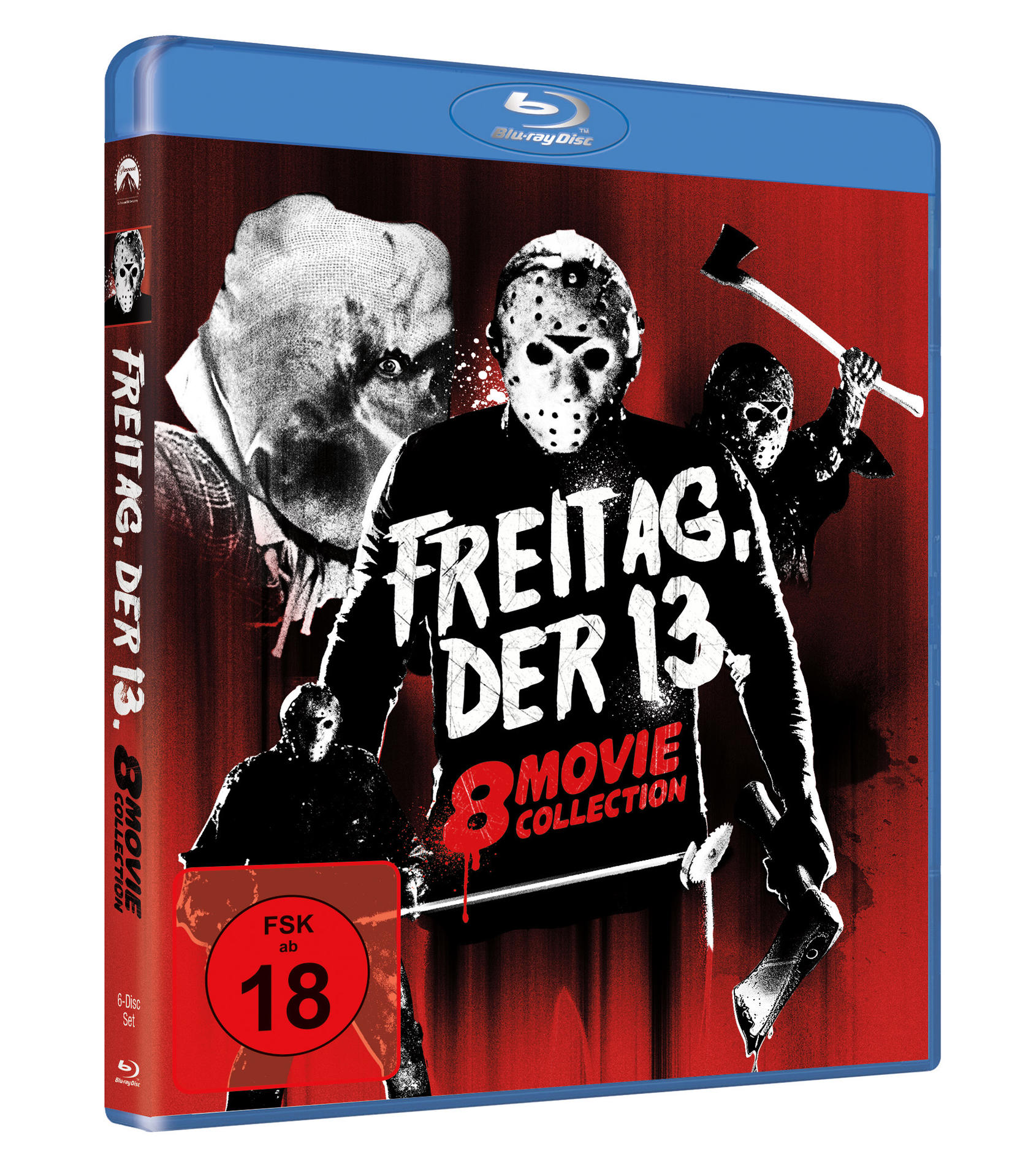 Eine Blu-ray-Disc-Hülle für "Freitag, der 13.: 8 Movie Collection" mit Horrorfilmfiguren.