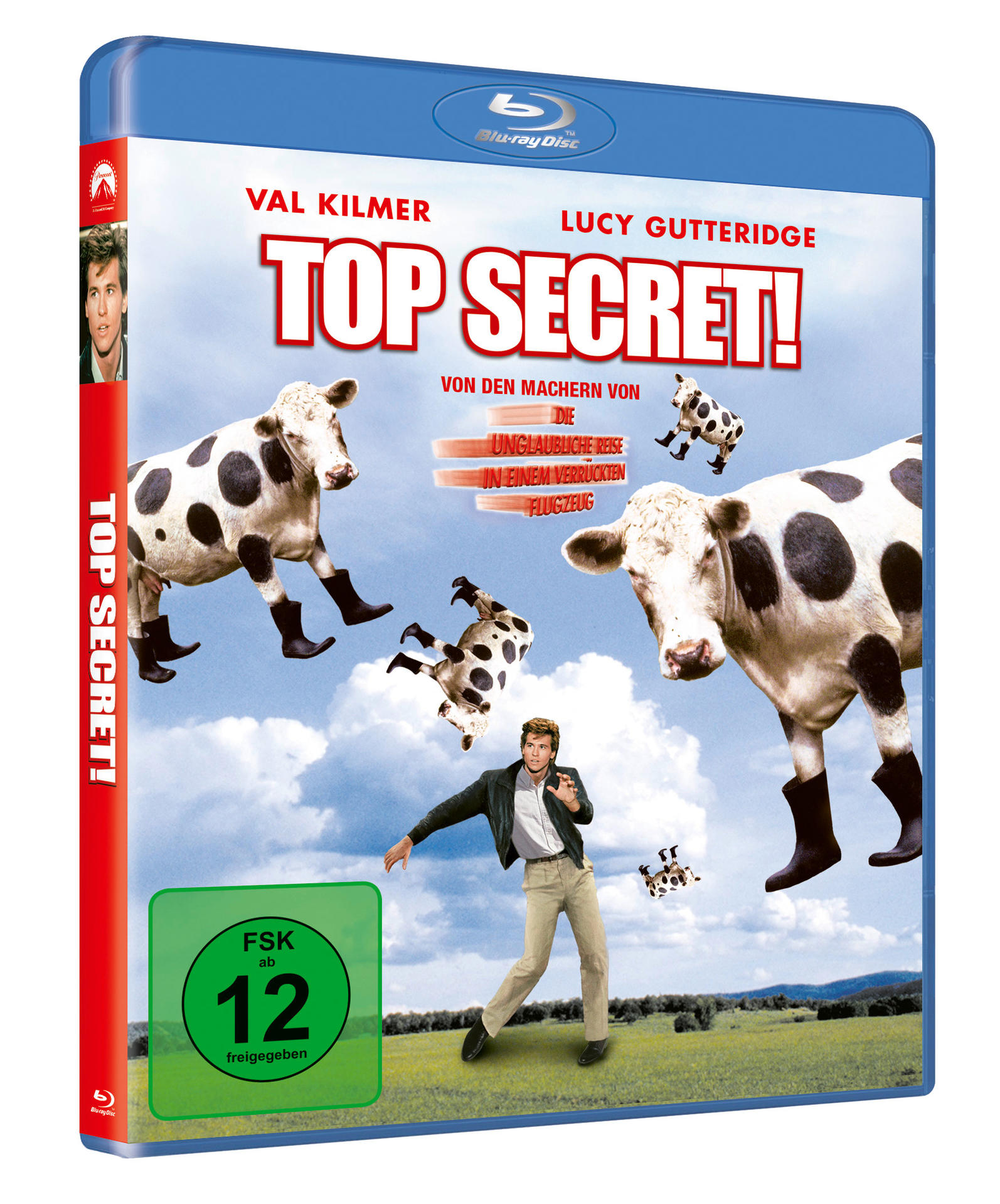 Blu-ray-Disc-Cover von Top Secret! Filmplakat mit Kühen mit Stiefeln und Val Kilmer.