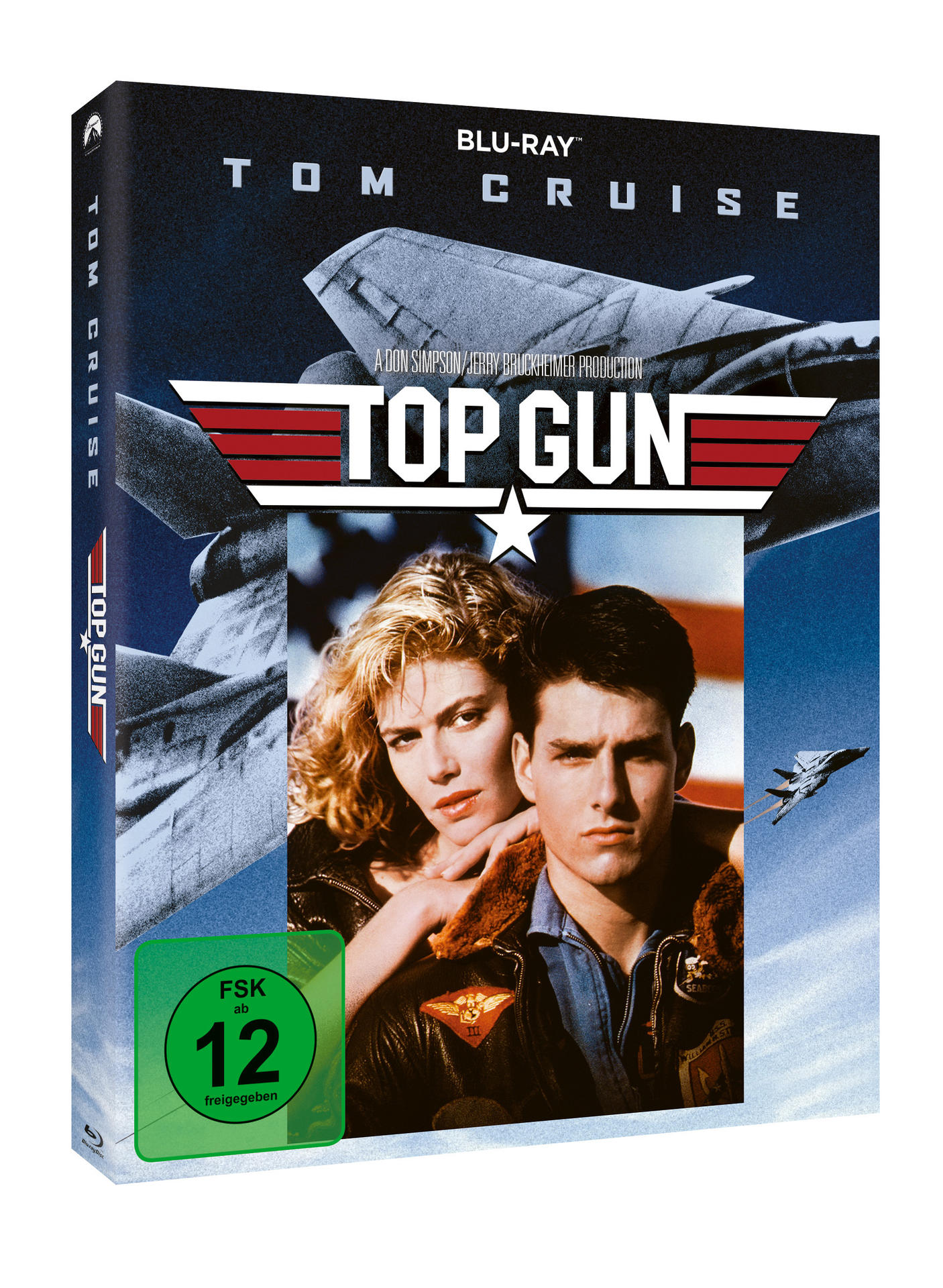 Top Gun Blu-Ray-Cover. Tom Cruise und eine Frau stehen vor Flugzeugen. Blauer Himmel im Hintergrund.