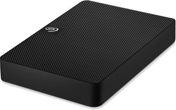 Black, textured Seagate external hard drive, top-down view, on a white surface.