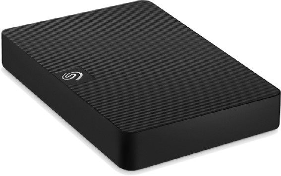 A black Seagate external hard drive with a textured surface and the Seagate logo on it.