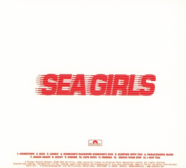 Albumcover für Sea Girls mit Songtiteln, roter Text auf weißem Hintergrund.