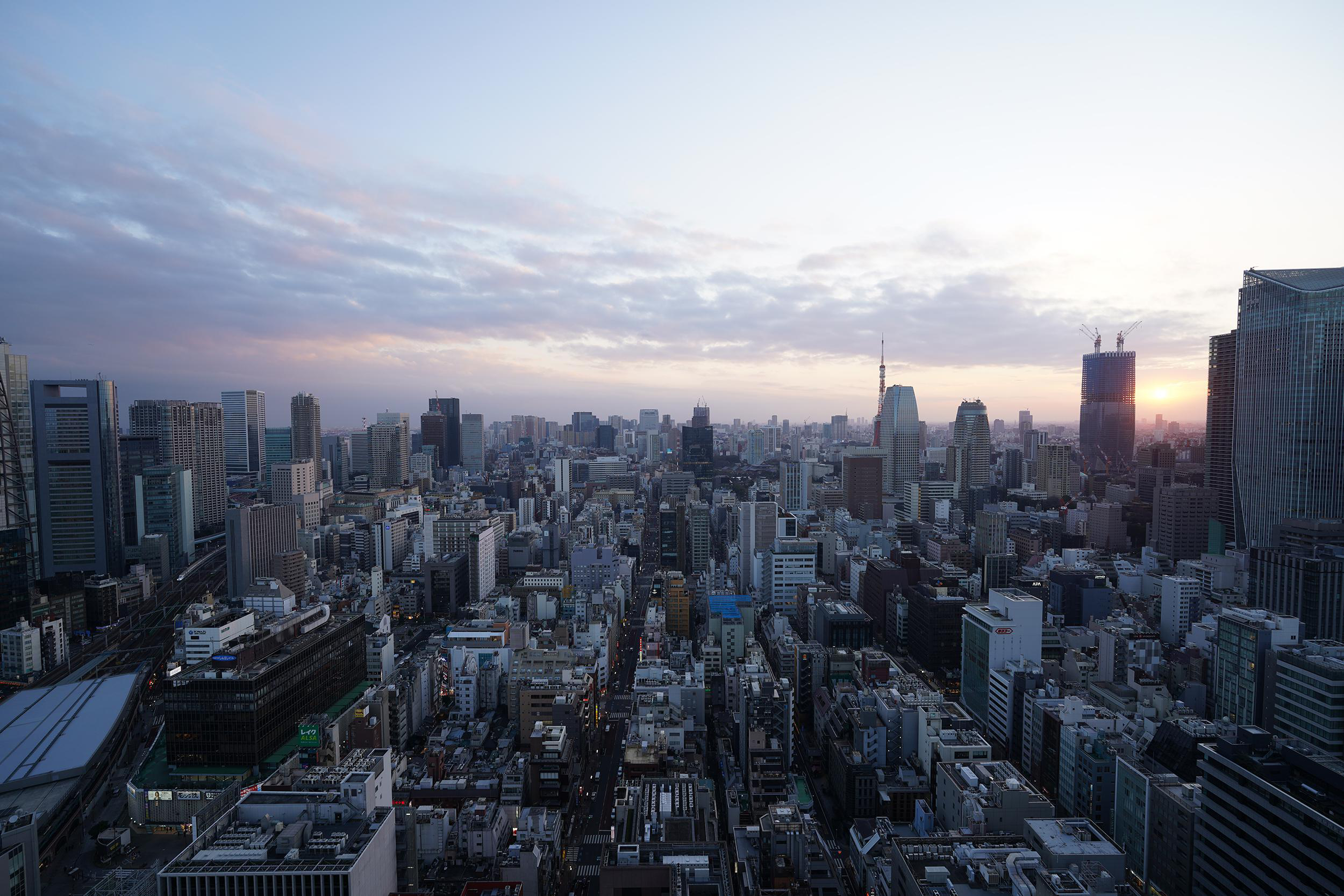 Stadtlandschaft in der Abenddämmerung, hohe Perspektive, viele Gebäude, Skyline.