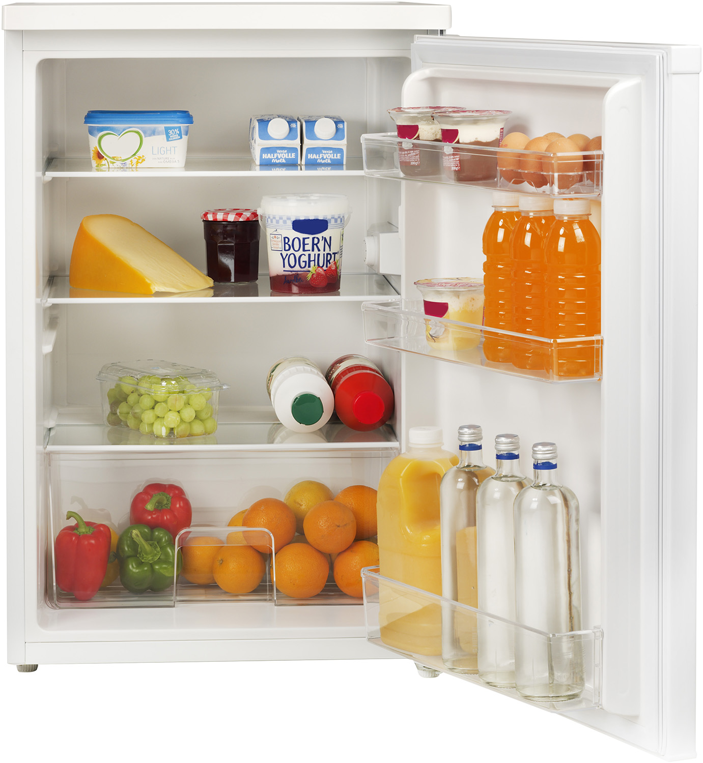 Fridge with groceries inside, including cheese, yogurt, eggs, and orange juice.