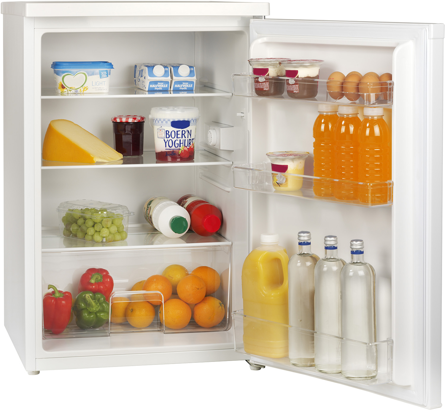 Fridge with various food items inside.