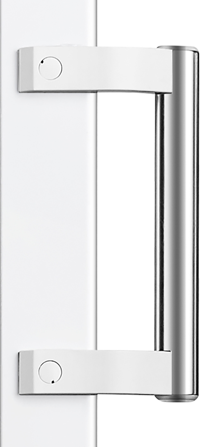 White door handle with a steel bar and two white mounting plates with circular details.
