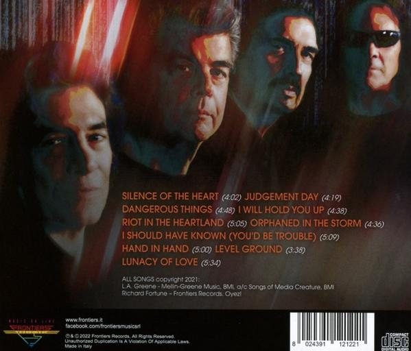 Albumcover mit einer Band von vier Männern, Songtiteln und Urheberrechtsinformationen.