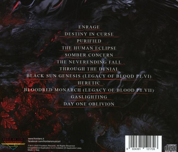 Album-Trackliste mit dunklem, rotem und blauem Hintergrund.