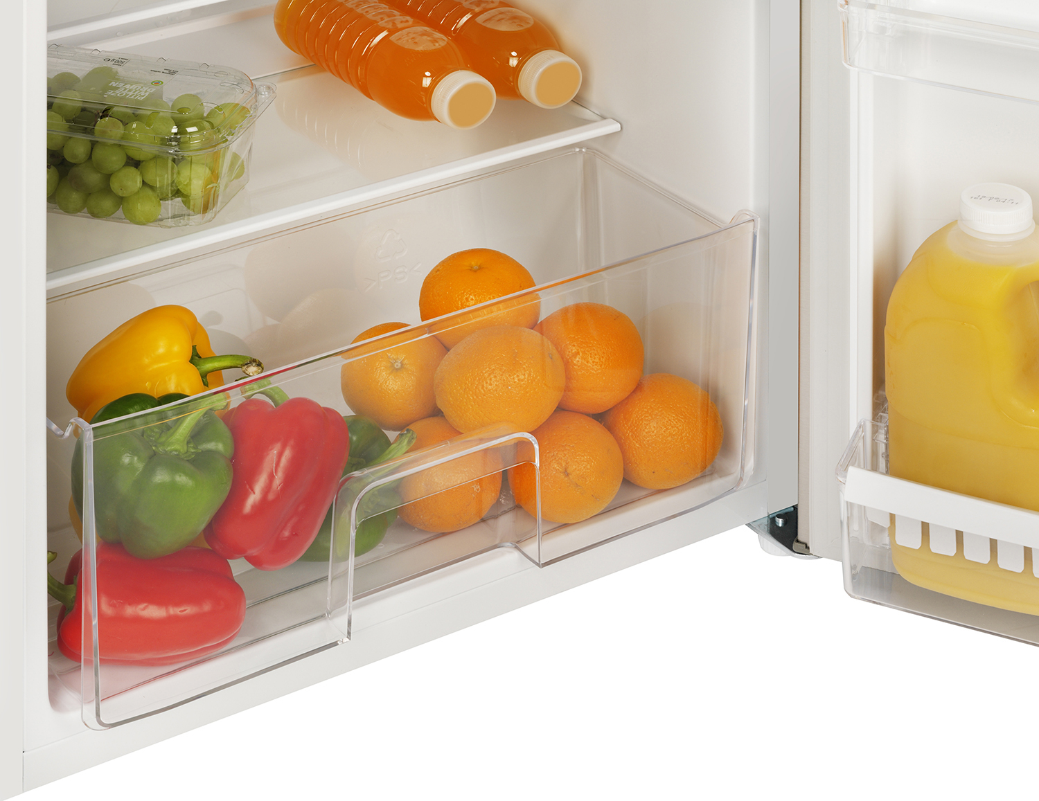 A refrigerator drawer with oranges, peppers, and grapes.