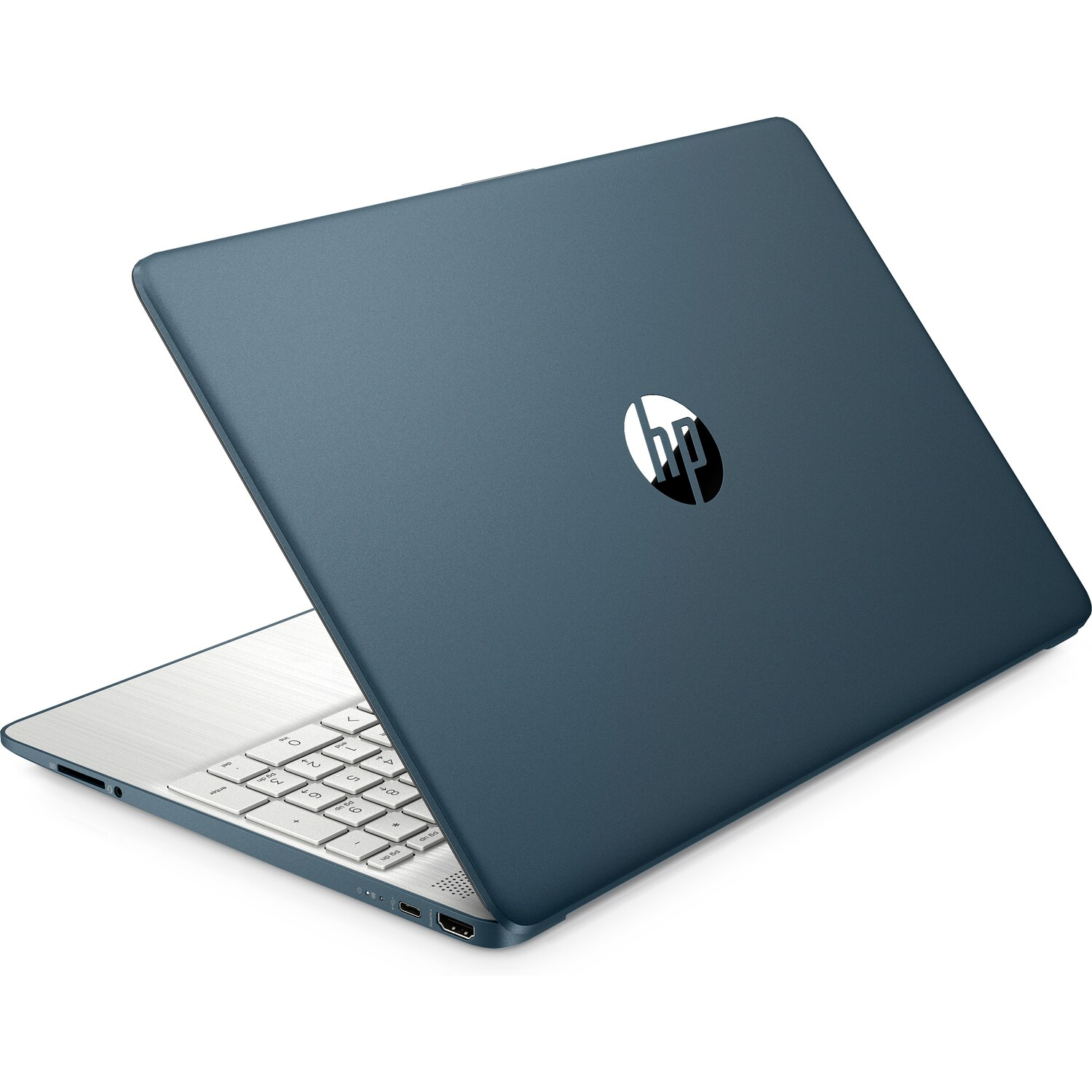 Portátil HP azul. Abierto, mostrando teclado y pantalla. Logotipo blanco de HP detrás.