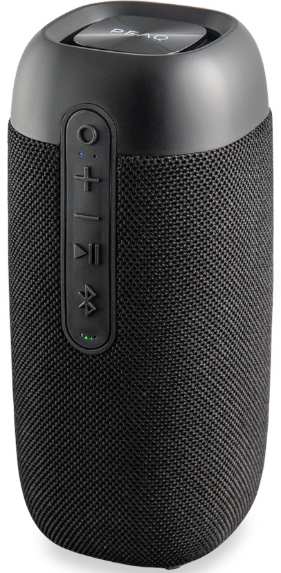 Haut-parleur cylindrique noir avec boutons de commande sur le côté.