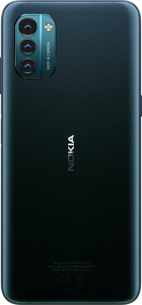 De achterkant van een donkerblauwe Nokia-smartphone met een cameramodule.