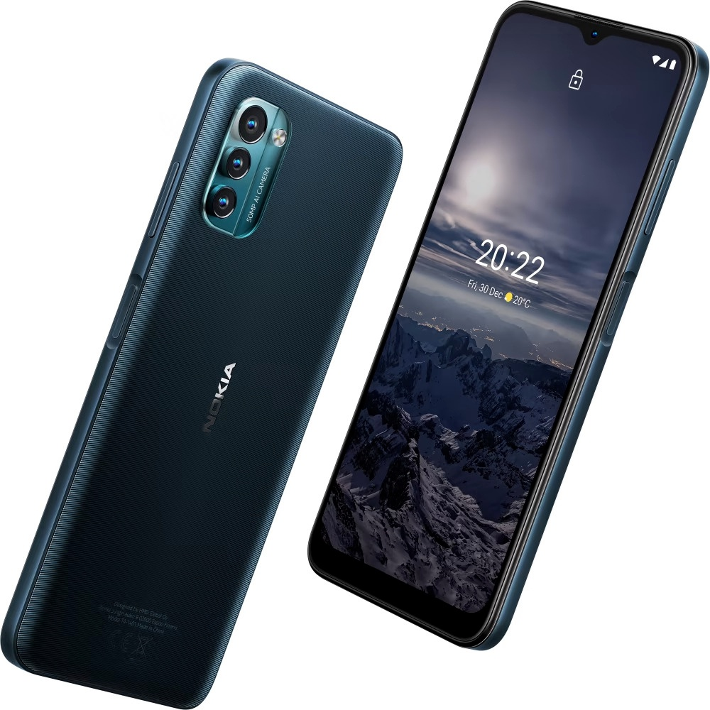 Een donkerblauwe Nokia-smartphone, met twee hoeken. Vooraanzicht heeft een scherm met bergen.