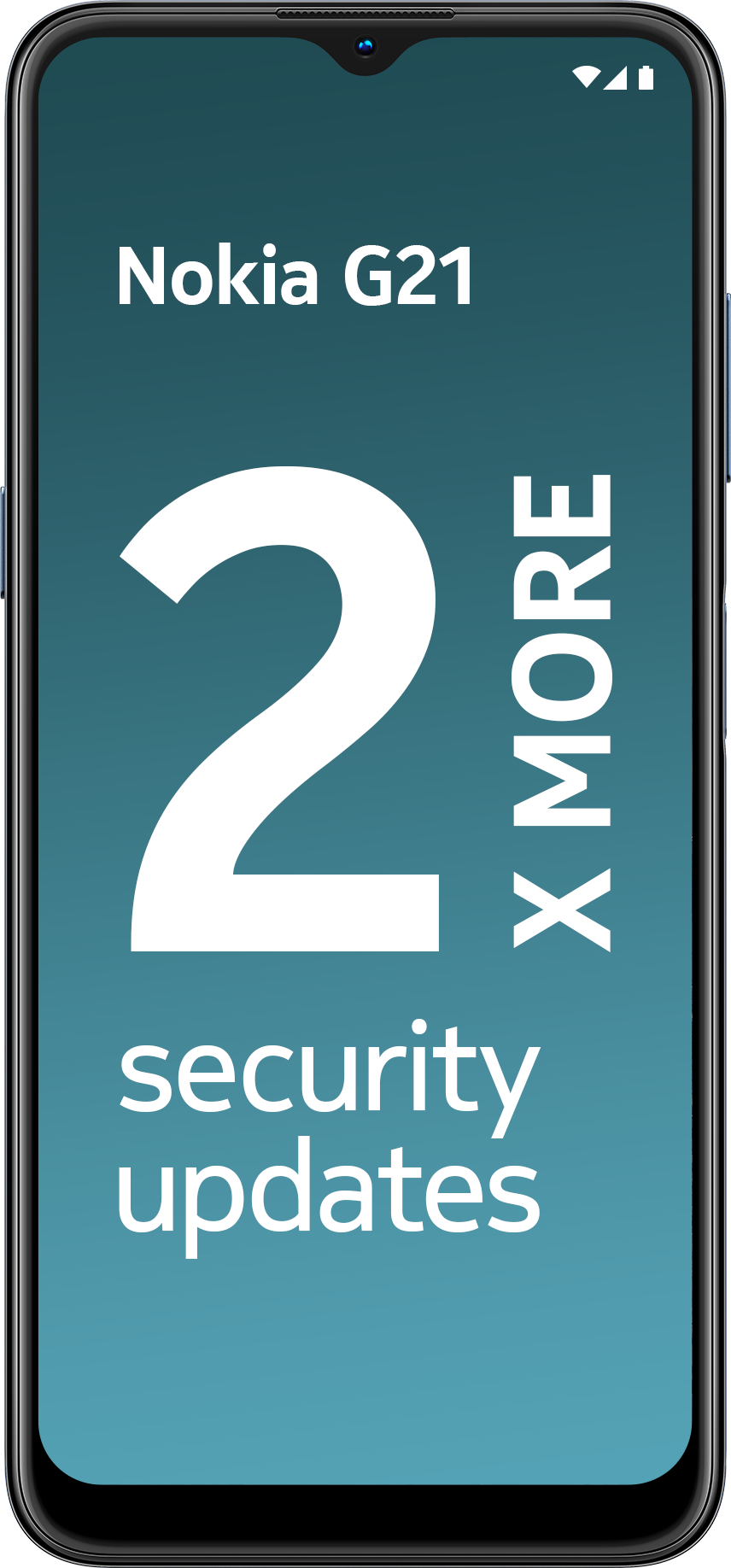 Nokia G21-telefoon met een blauwe gradiënt achtergrond. Tekst: 2 X MEER beveiligingsupdates.