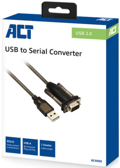 Câble convertisseur USB vers série en boîte. La boîte est blanche et bleue avec le nom et le logo du produit.
