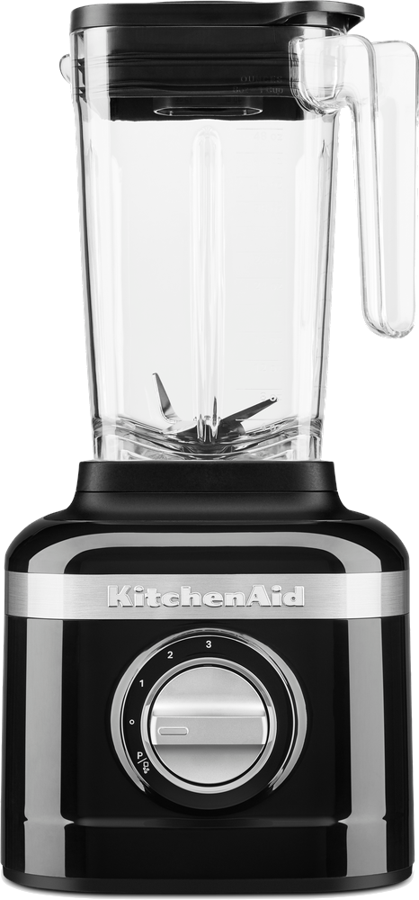 Zwarte KitchenAid blender met een doorzichtige kan en genummerde bediening.