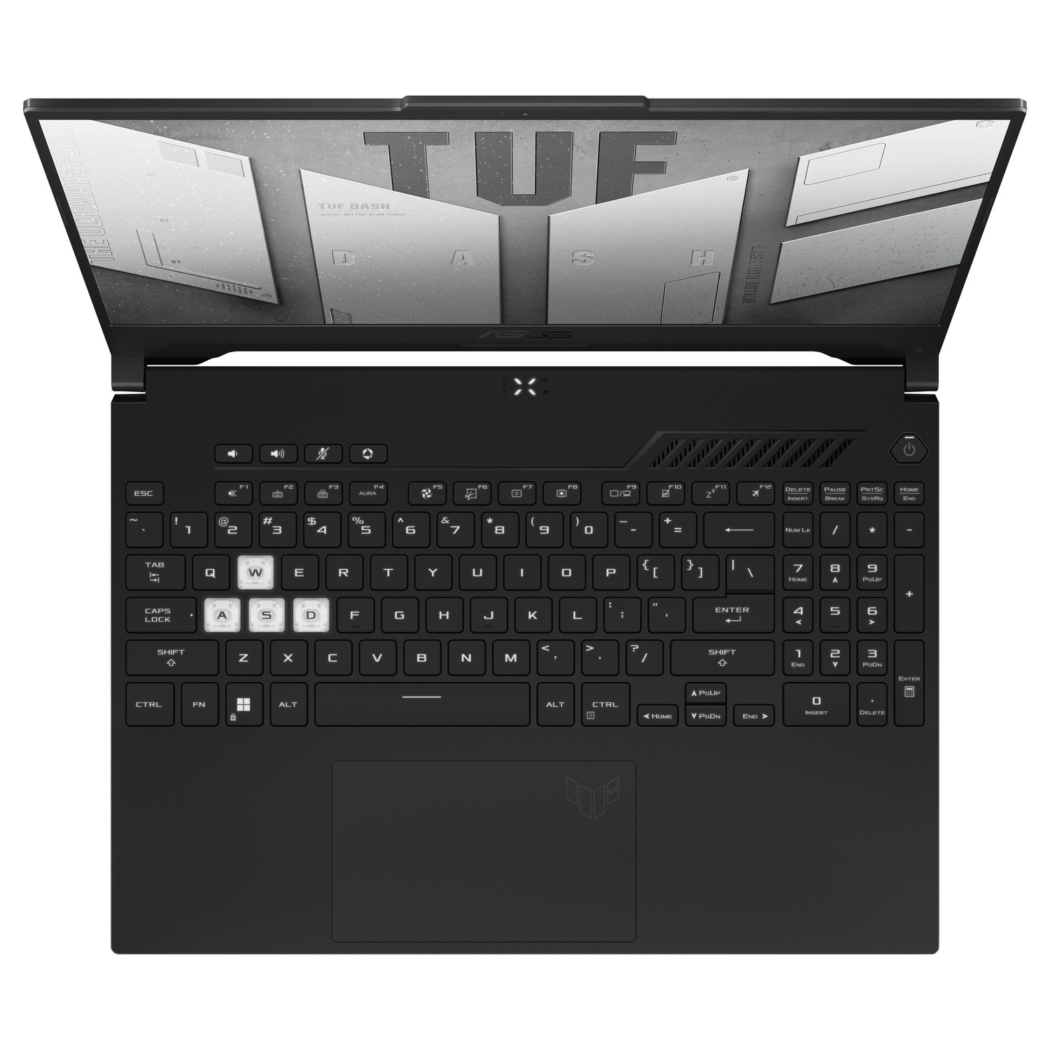 Teclado de portátil, abierto. Negro con teclas blancas, elementos de diseño rojos.