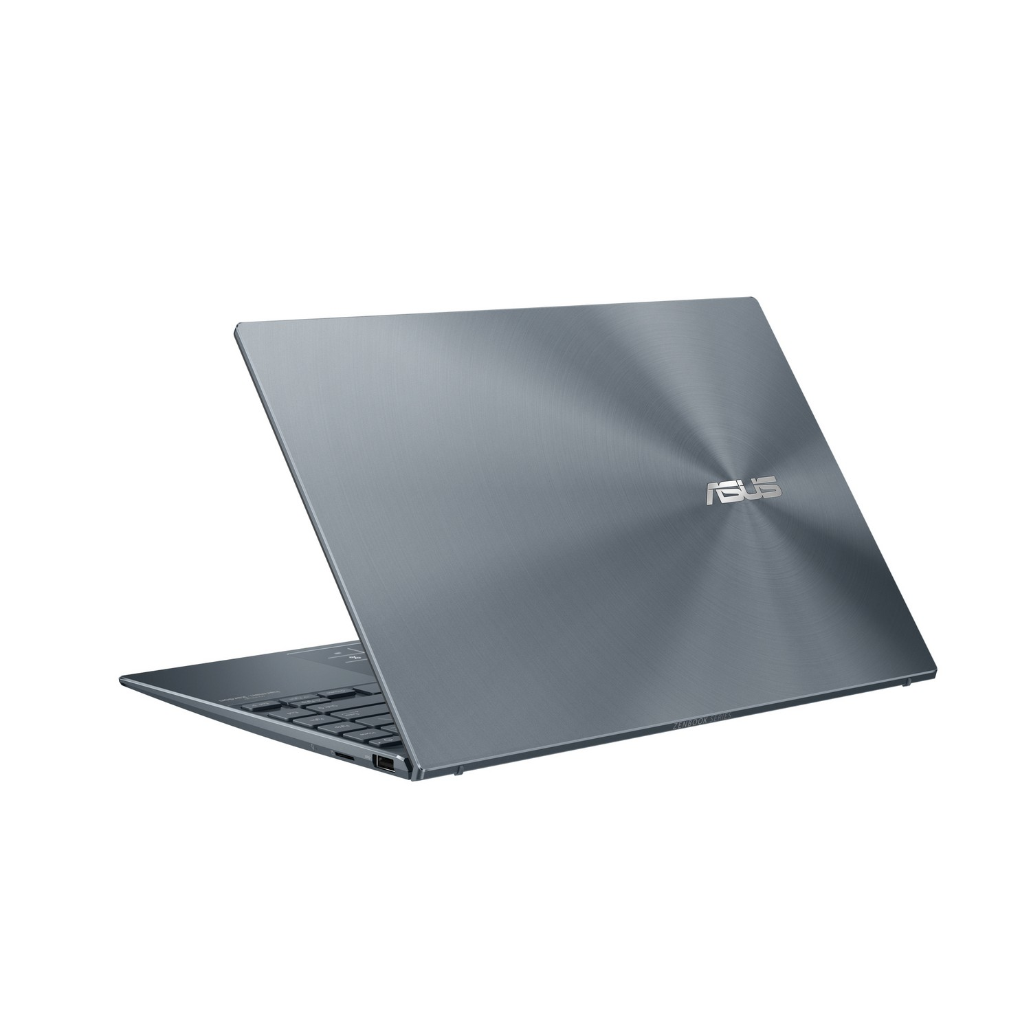 Un portátil plateado con el logotipo de ASUS, vista trasera. Está sobre un fondo blanco.