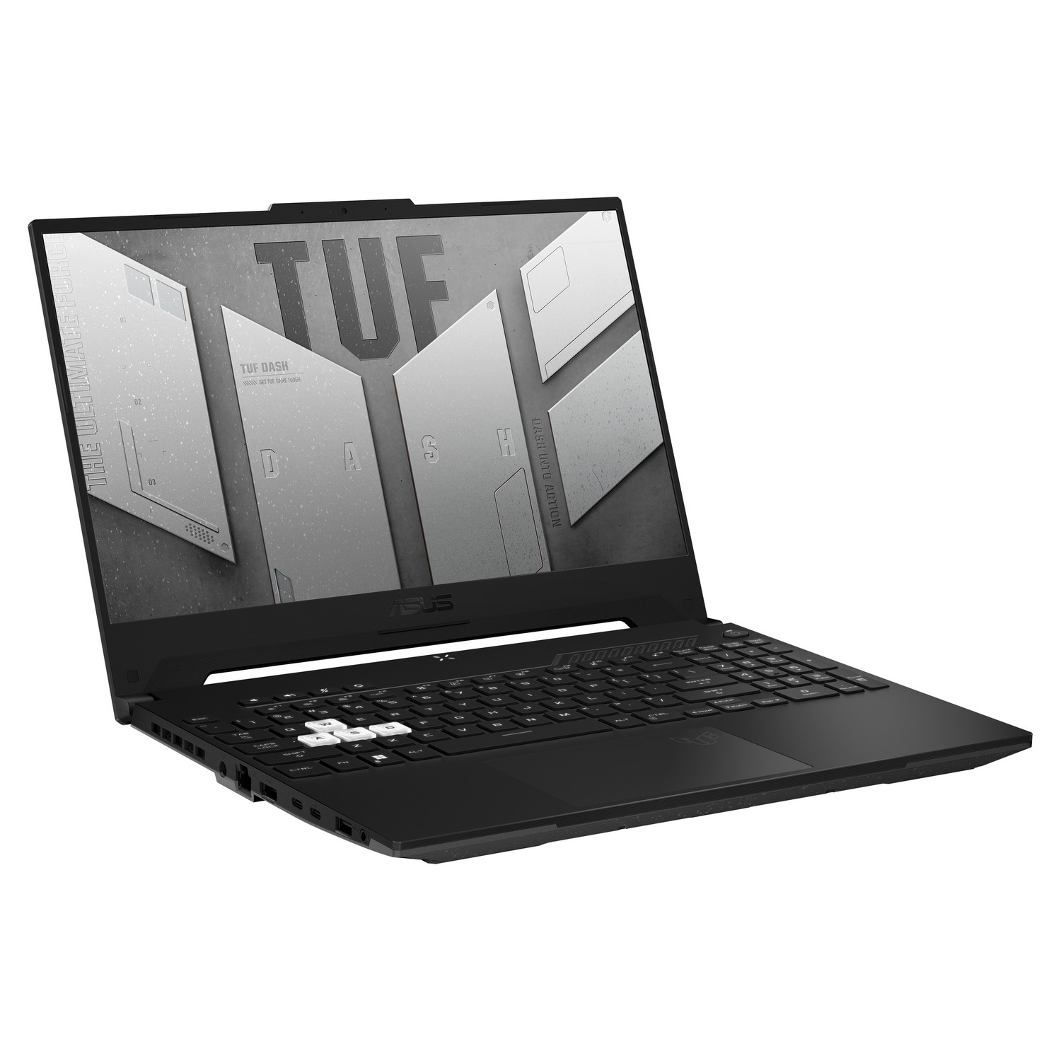 Portátil negro con pantalla abierta. El teclado es visible. La marca es ASUS.