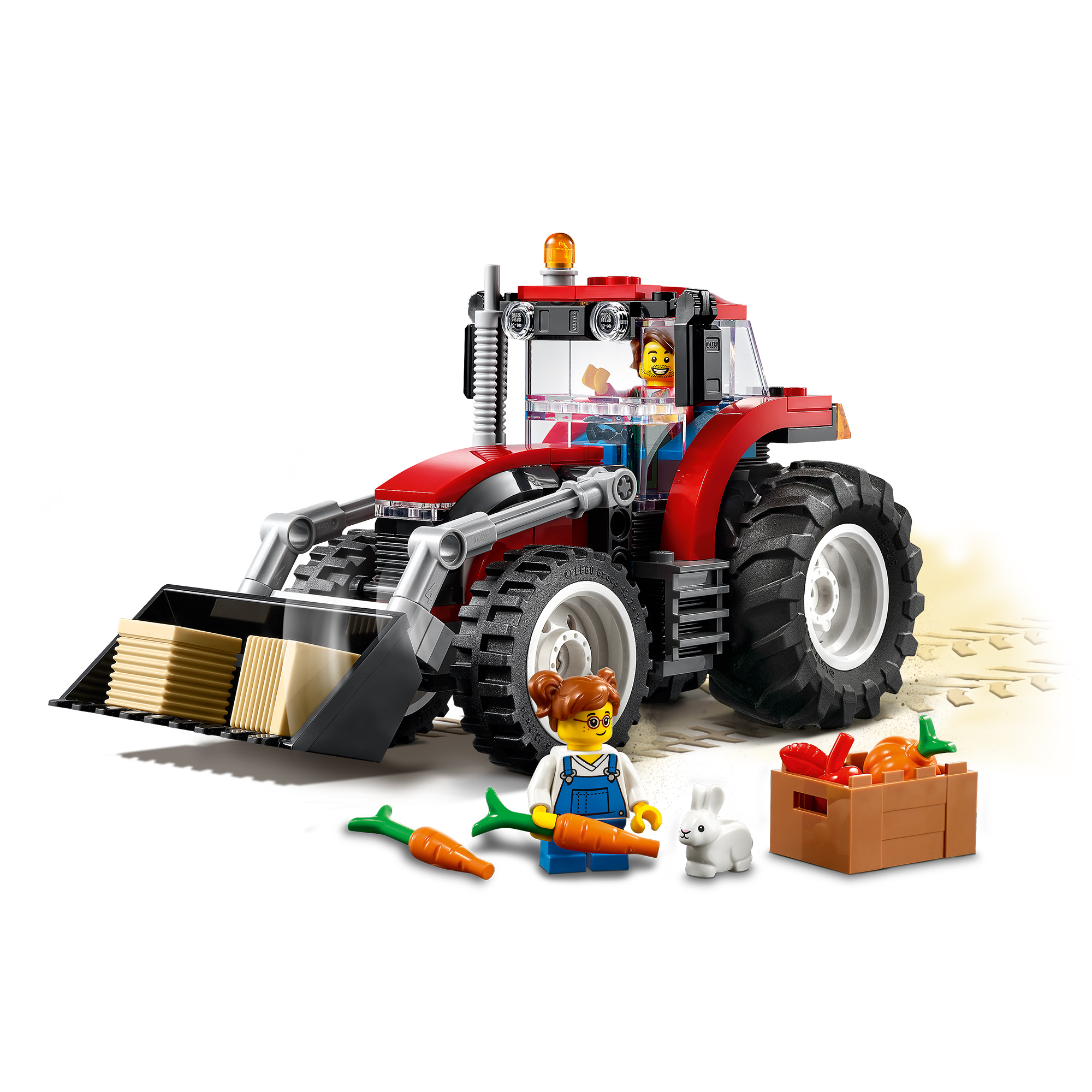 Lego-Traktor mit Schaufel, Minifigur im Cockpit, eine weitere Figur mit Karotten und ein Hase.