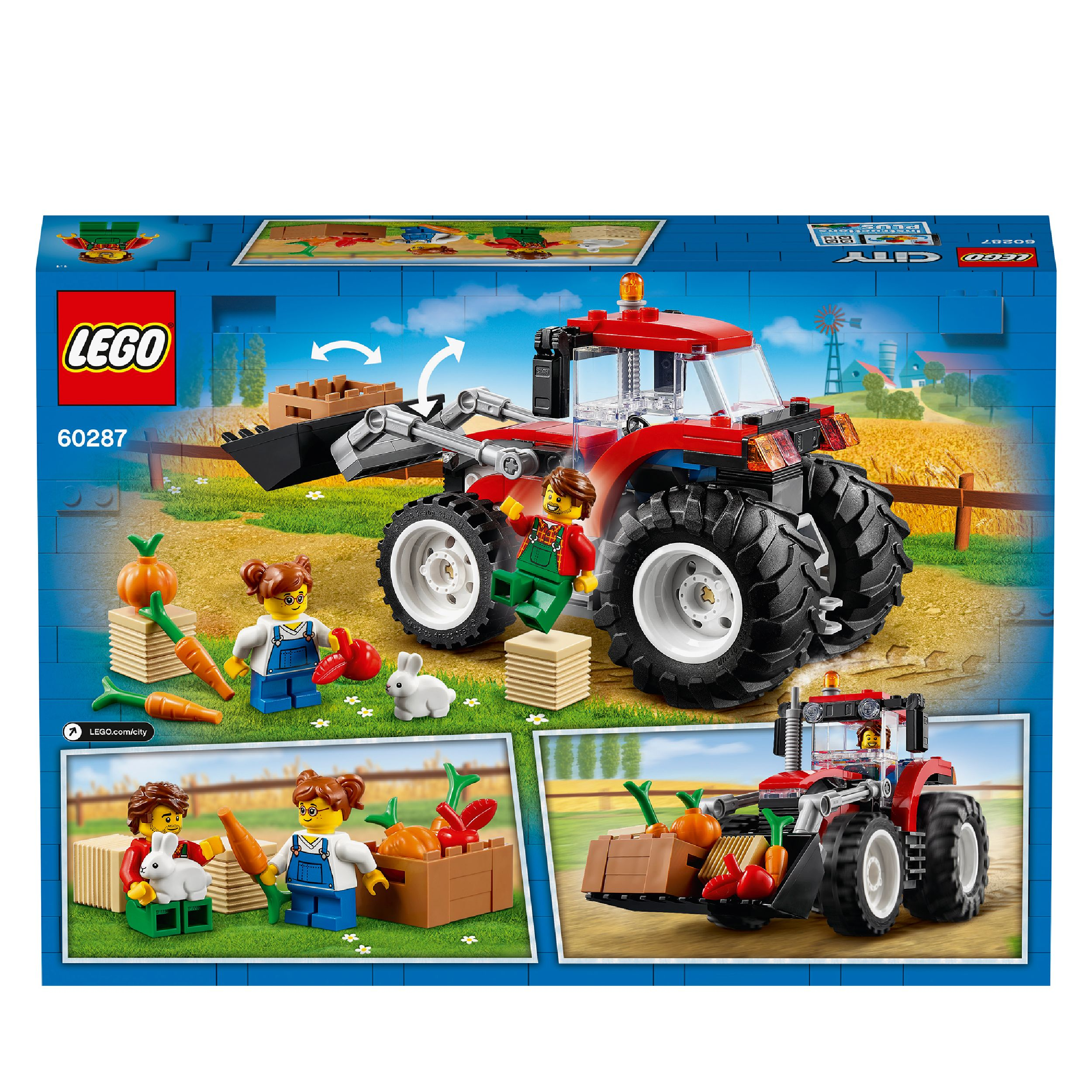 Lego-Stadt-Traktor-Set mit Minifiguren, Gemüse und einem Hasen vor einer ländlichen Kulisse.