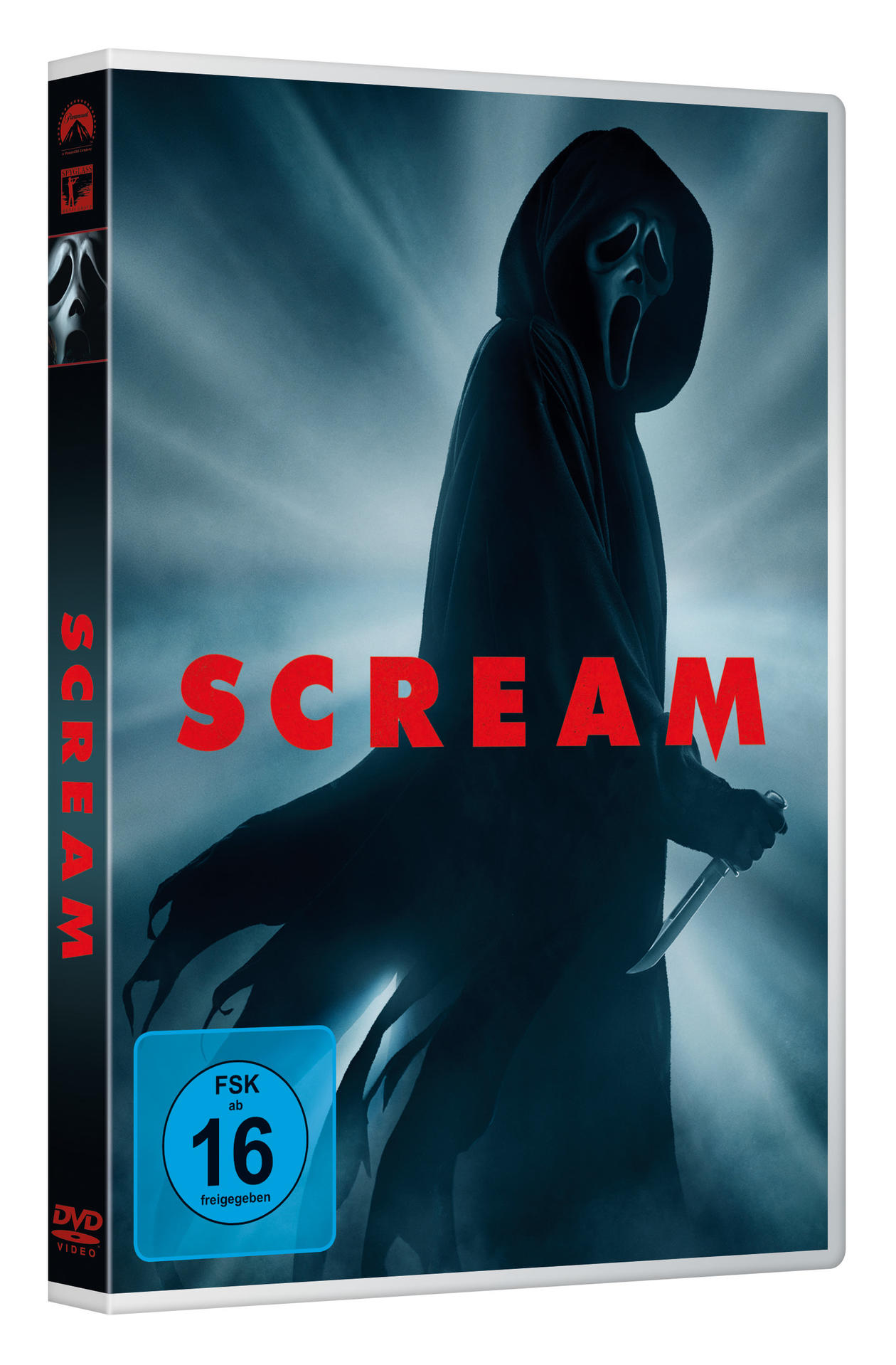 Eine DVD-Hülle des Films Scream. Sie zeigt eine Kapuzenfigur, die ein Messer hält, und den Titel.