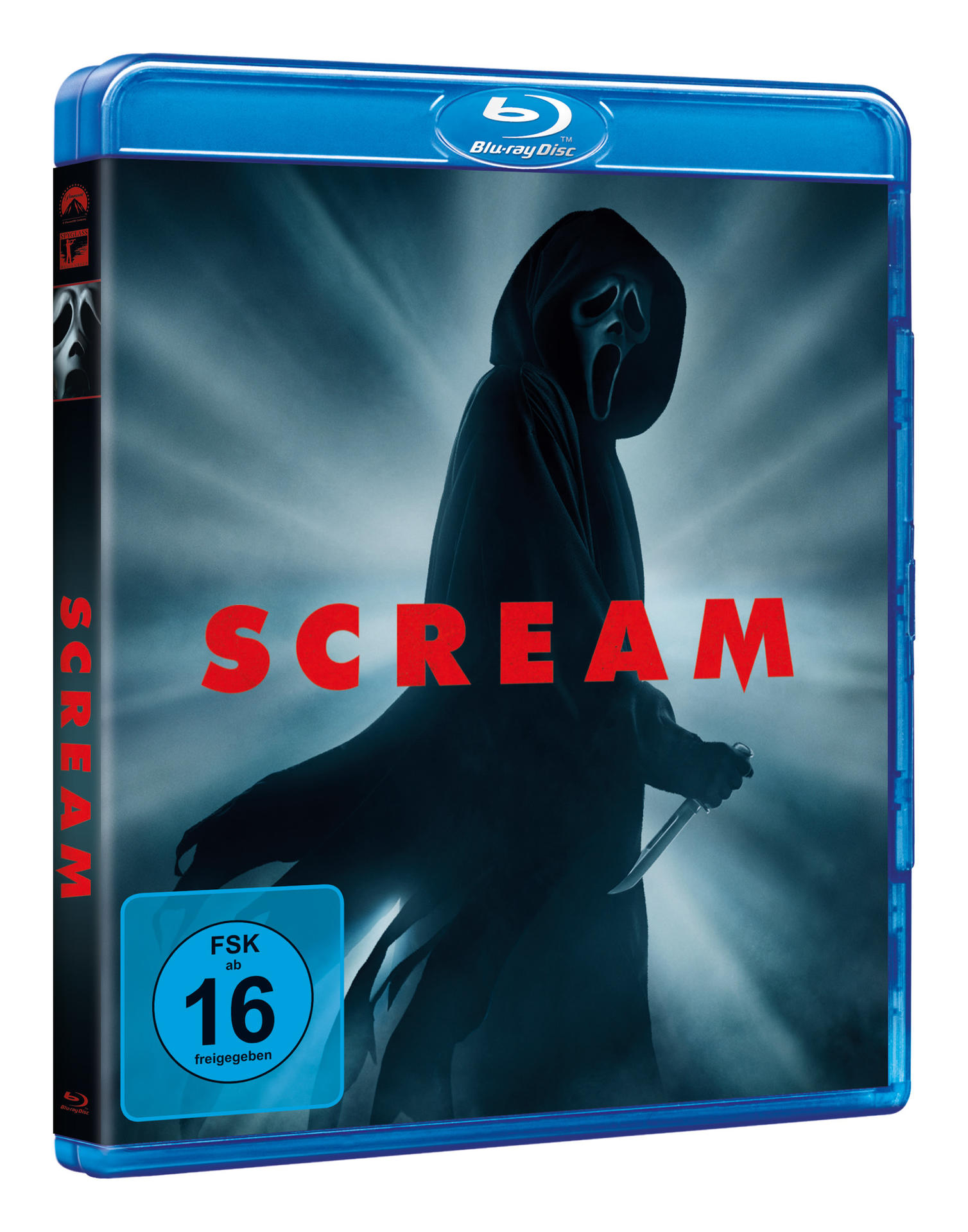 Scream Blu-ray Hülle. Silhouette von Ghostface mit Messer. Roter "SCREAM" Titel.