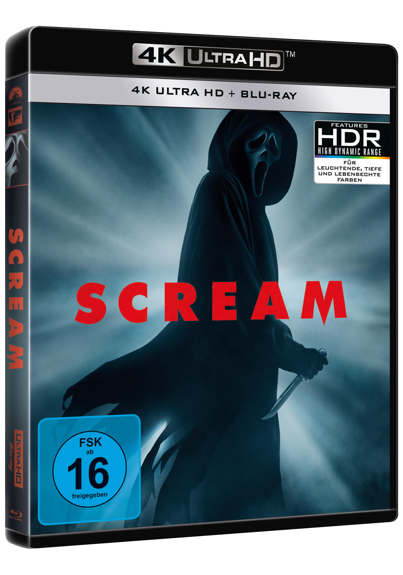 Eine DVD-Hülle für den Film Scream, mit einer Silhouette und rotem Text.