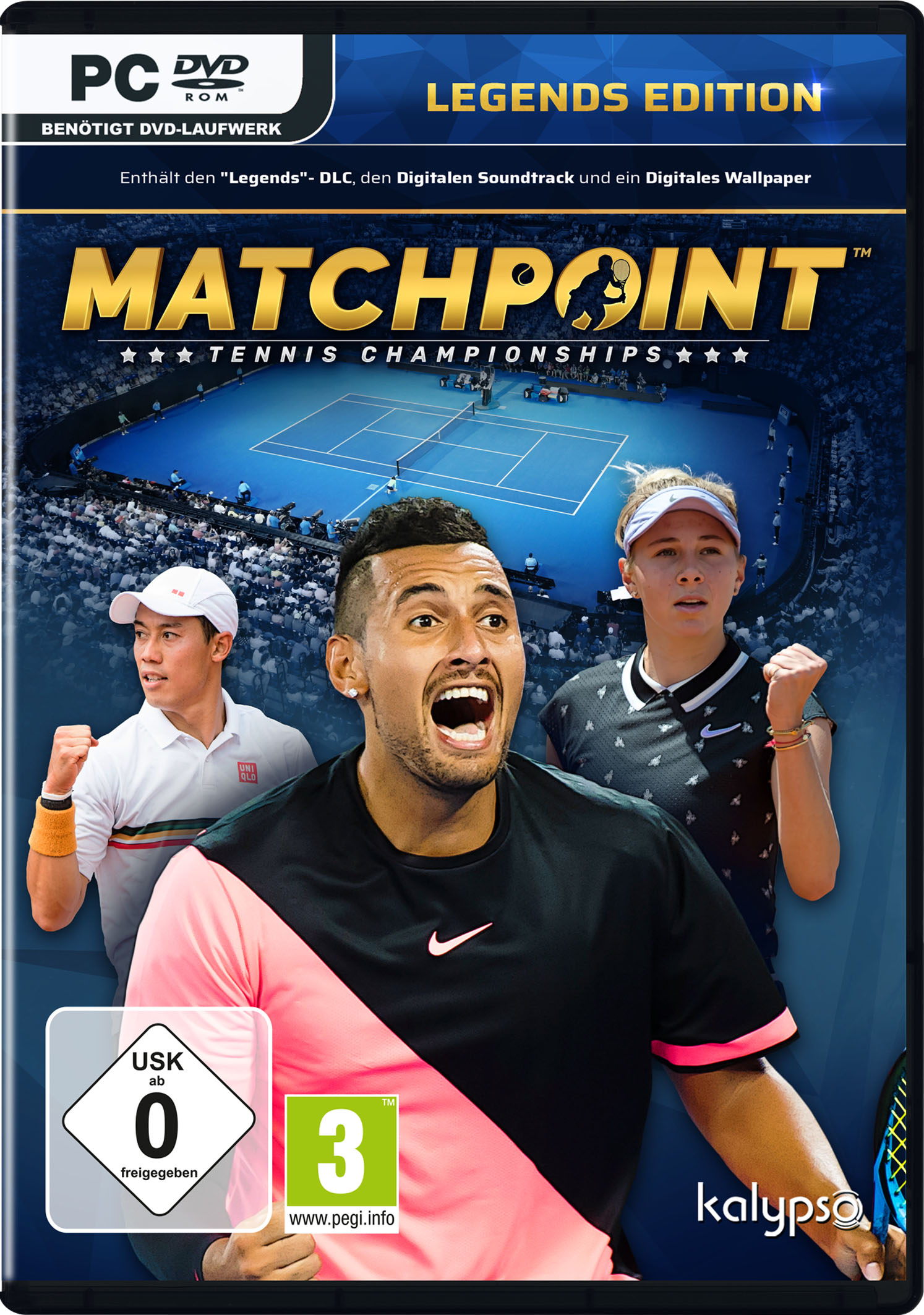 Tennis-Videospielbox. Mit Tennisspielern auf dem Platz und dem Spieletitel "Matchpoint".