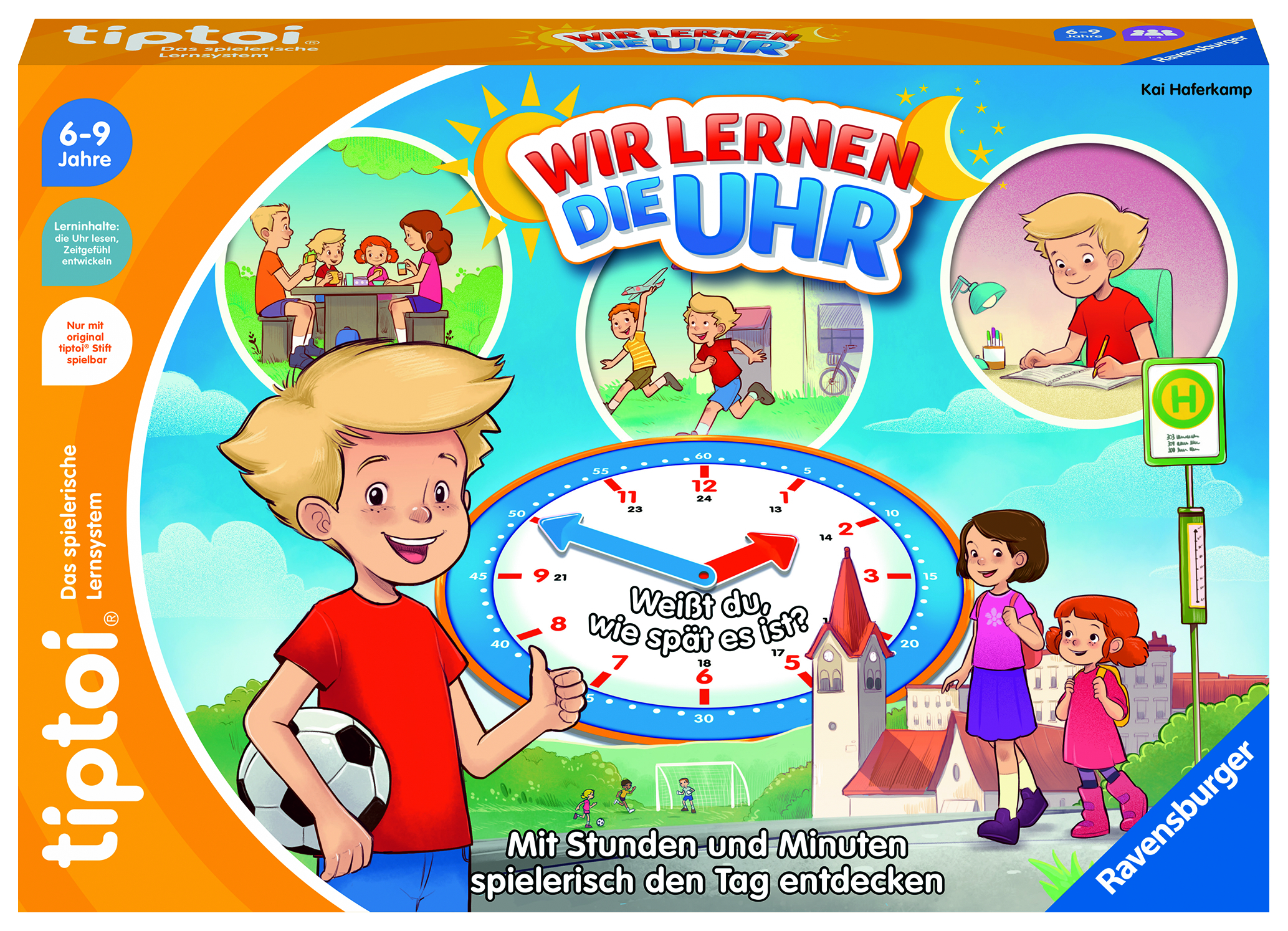 Schachtel eines Brettspiels, mit spielenden Kindern und einer Uhr.