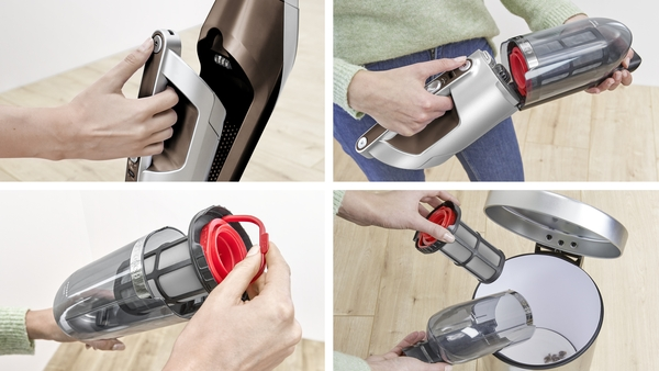 Hands open and empty vacuum cleaner components. A person removes the red filter and empties dust.