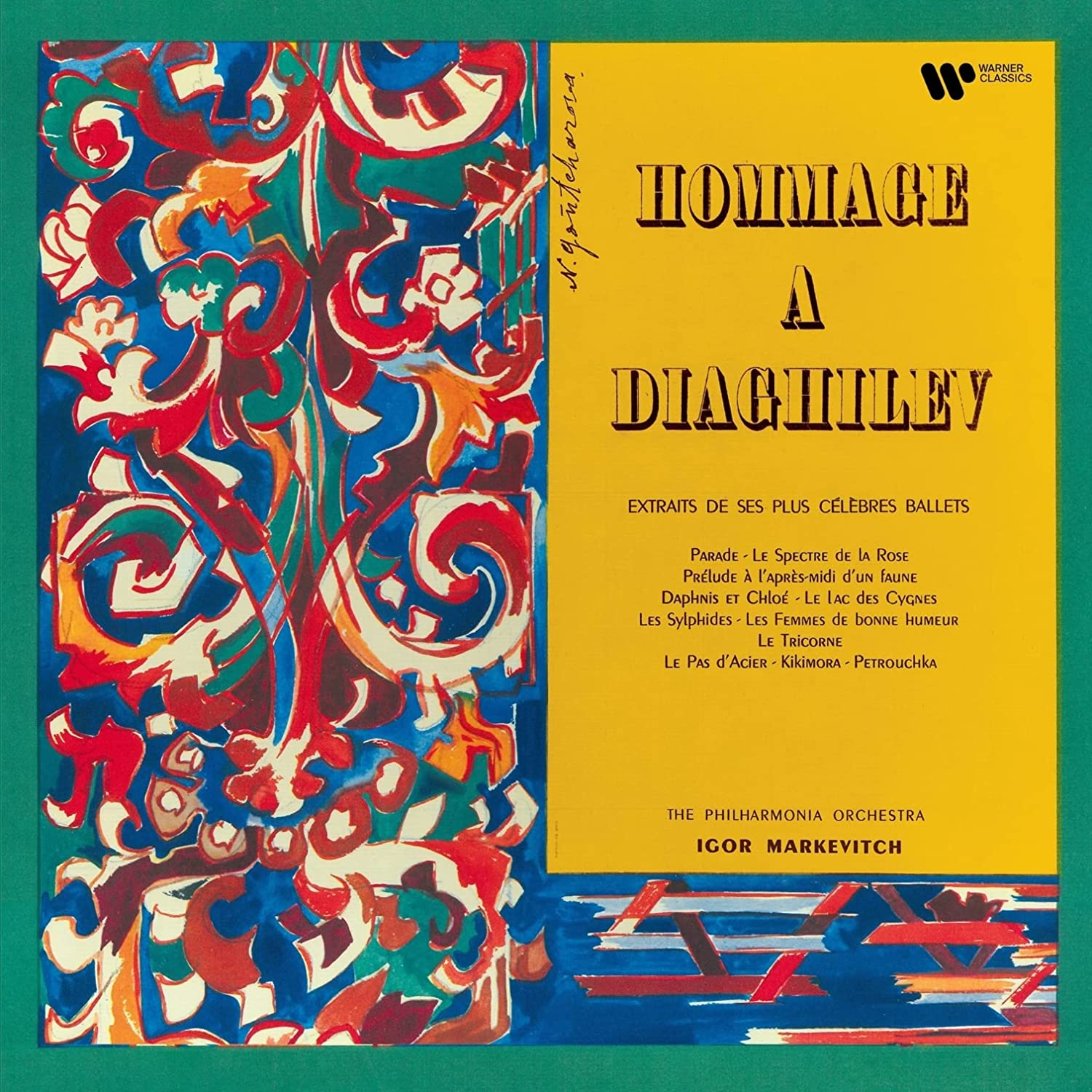 Album borító bal oldalon absztrakt művészettel, jobb oldalon sárga szöveg. Cím: Hommage a Diaghilev. Zenekar és karmester listázva.